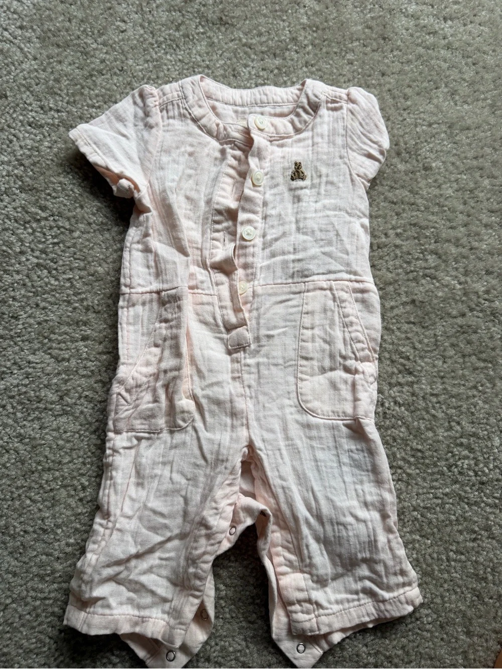 GAP Light Pink Cotton Short-Sleeve Romper with Pocket Detail